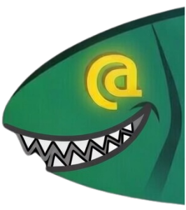 Phish Stories logo: green  fishead with jagged teeth and a yellow at symbol for an eye